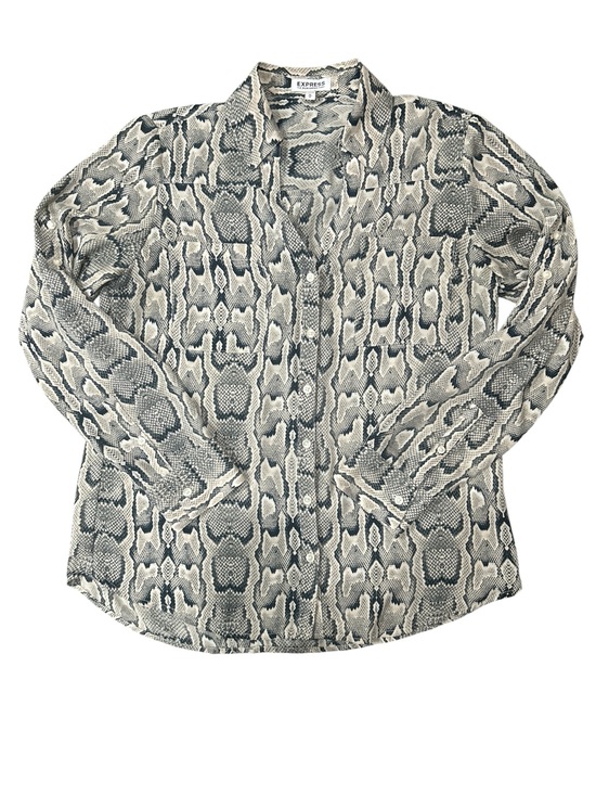 Express Tops - Express Snake-Print Button Down Shirt - Gray & Cream silk like sz M
